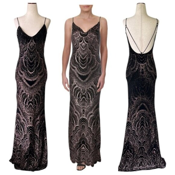 Deco Pattern Rose Gold Glitter Evening Gown - Picture 1 of 6